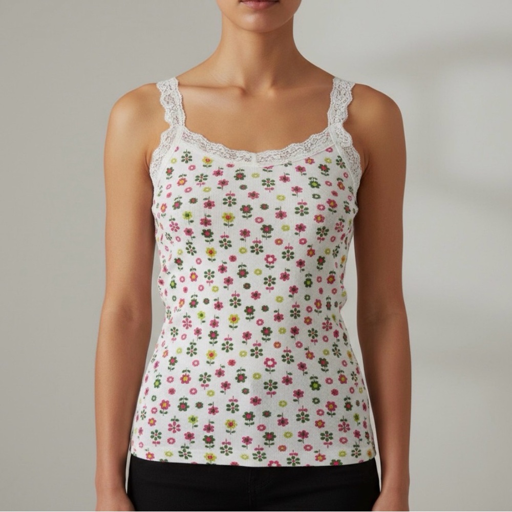 Vintage Floral Lace Trim Tank Top – Bright Y2K 90s-2000s Size Small